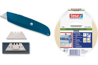 Skorpa Bodenverlegeset - Cuttermesser/ Teppichmesser + Trapezklingen Hakenklingen + 25m Tesa Verlegeband doppelseitiges PVC + Teppich-Klebeband